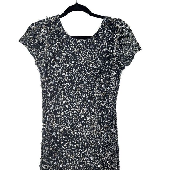 Adrianna Papell Gown Formal Holiday Sequined Fishtail Bustle Train Navy Silver 6 - Picture 8 of 17